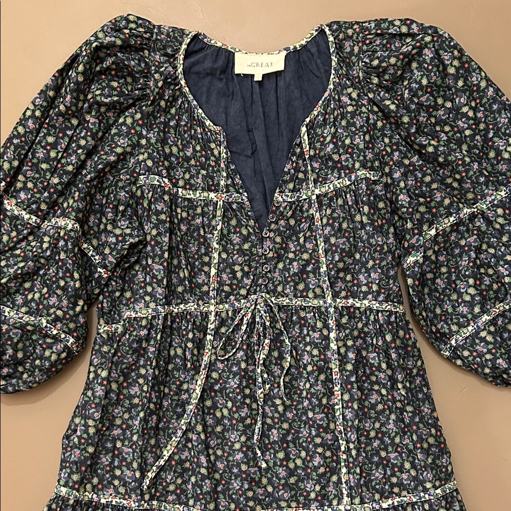 THE GREAT. Bonnet Tiered Floral Dress cotton thin corduroy pockets 1 S midi maxi